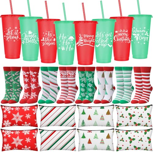 Vesici 8-Piece Xmas Gift Set: 4 Red & 4 Green Glitter Tumbler Cups, 8 Makeup Bags, 8 Pairs Christmas Socks (Red/Green Tree)