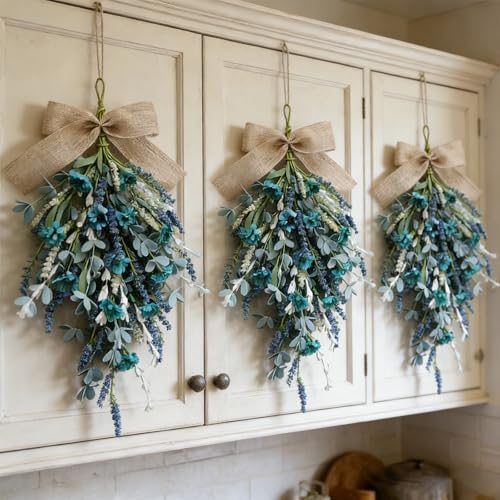 2-Pack Artificial Teardrop Swag Wreaths with Blue Daisies and Eucalyptus