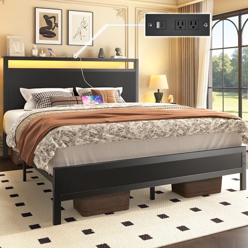 Queen Bed Frame with Storage Headboard, LED Lights & Charging Station