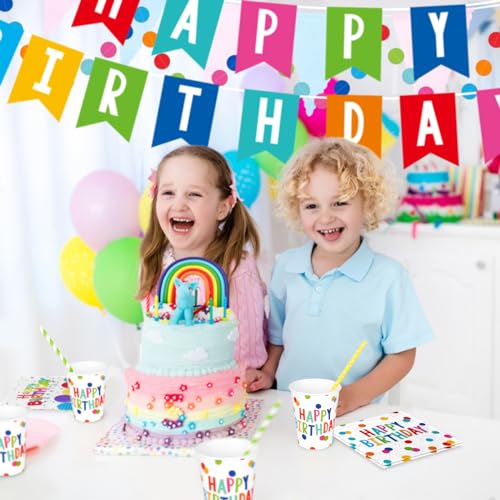 Gatherfun Multicolor Dots Birthday Party Supplies Set - Serves 25, Includes Plates, Napkins, Cups, Banner & Tablecloth