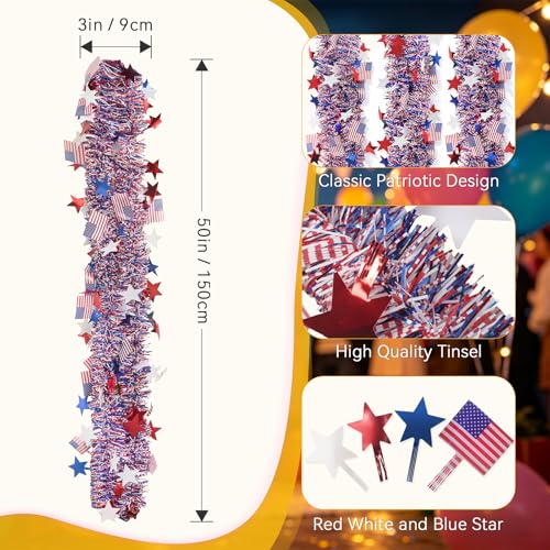 4th of July Patriotic Star Tinsel Garland - 50ft Red White & Blue Decor