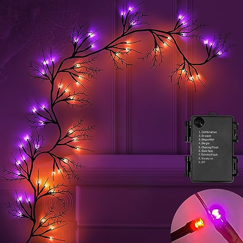 6ft Halloween Willow Vine Lighted Garland with 54 Orange & Purple LEDs