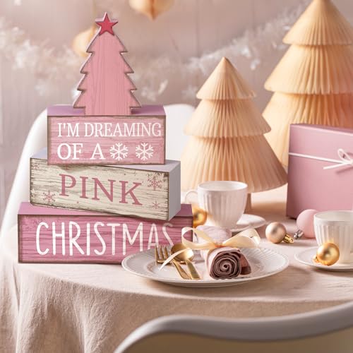 Lineshading Pink Christmas Tree Sign 4-Piece Wooden Table Decor Set