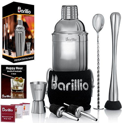 Barillio Silver 8-Piece Travel Cocktail Shaker Set with Bag, Muddler & Bar Tools
