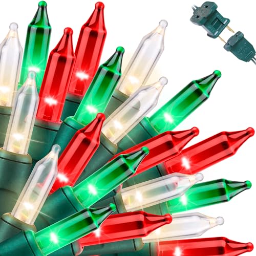 LAMPHOME 100LED Extendable Christmas String Lights - Warm White, Green & Red, 19.6ft Outdoor Decor