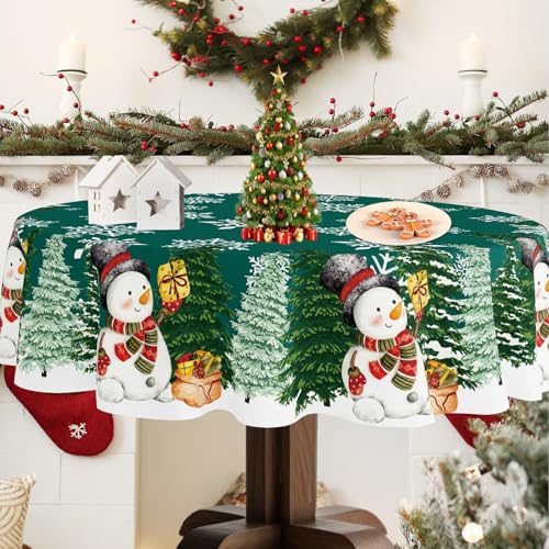 YOSTEV Xmas Tc 13 60" Round Green Christmas Tablecloth with Snowman Snowflakes – Spillproof Fabric