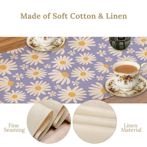 Daisy-2 W13 x L70 Table Runner – Purple Daisy Print, Cotton Linen, 13x70in