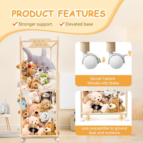 Wooden Stuffed Animal Storage Zoo with Wheels - Large Toy Organizer Cage