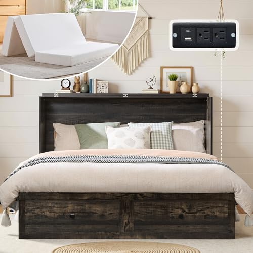 Queen Murphy Bed with Memory Foam Mattress, Storage Drawer & Charging Station