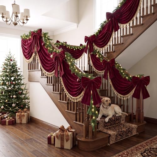 7.2 ft Burgundy Velvet Christmas Staircase Draping with 2 Large Bows