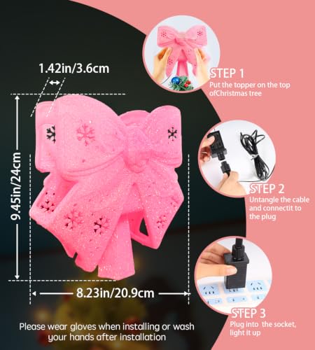 Tenmiro Pink Bow Christmas Tree Topper with 360° Snowflake Projection - Plug-In LED Decor