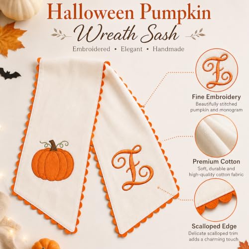 Halloween Pumpkin Wreath Sash - Fall Front Door Decor with Embroidered Trim
