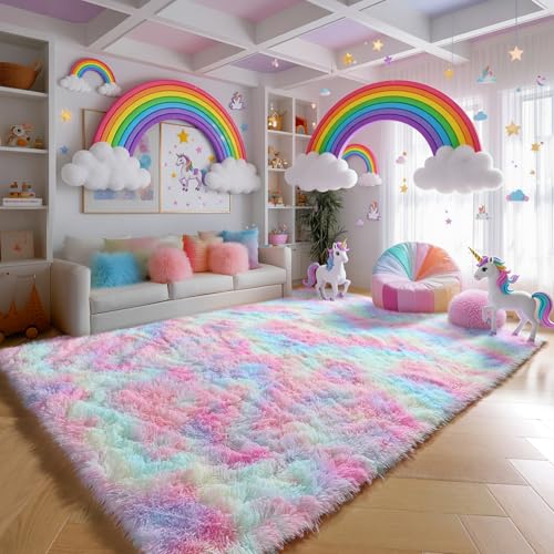 4x6 Rainbow Fluffy Area Rug - Soft Shaggy Plush Carpet for Kids Bedroom