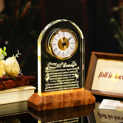 80th Birthday Glass Desk Clock with LED Light Base - Milestone Keepsake Gift