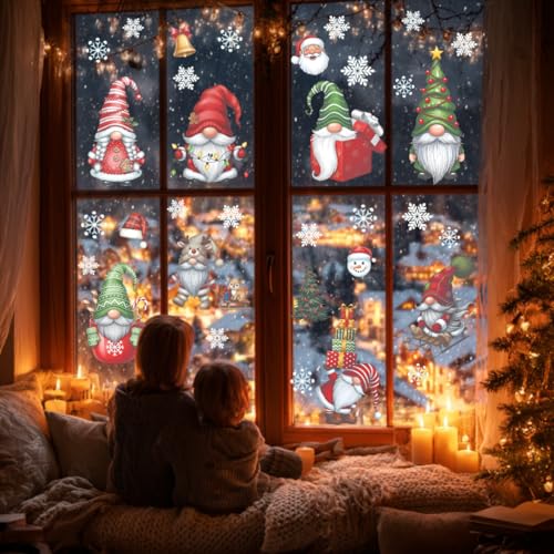 TSIMPLE 178 PCS Christmas Gnome Window Clings - Holiday Decor, Removable Xmas Stickers for Glass Windows, Gnome Snowflake Decals, Festive Home & Office Decor