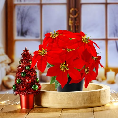 1PC Red Poinsettias Artificial Christmas Flowers, 9 Heads, 14 Inch Faux Plant for Holiday Decor