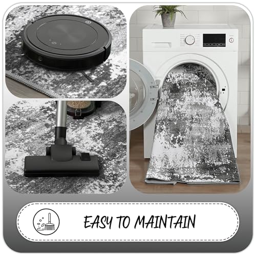 2x6 Grey Abstract Runner Rug, Machine Washable Non-Slip Hallway Carpet
