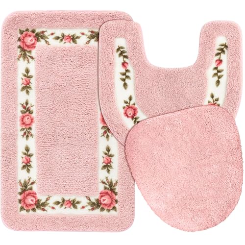 3-Piece Rose Floral Bathroom Rug Set, Non-Slip Pink Bath Mat & Toilet Cover