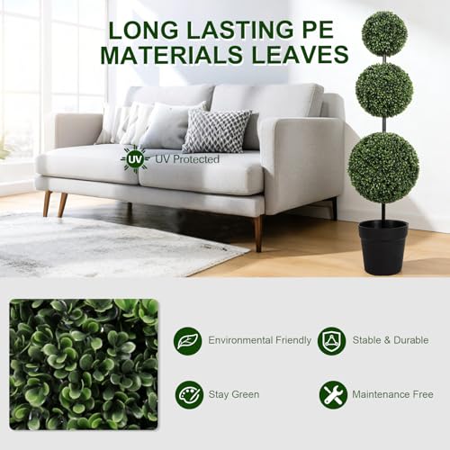 3ft UV-Resistant Artificial Triple Ball Boxwood Topiary Trees, Set of 2