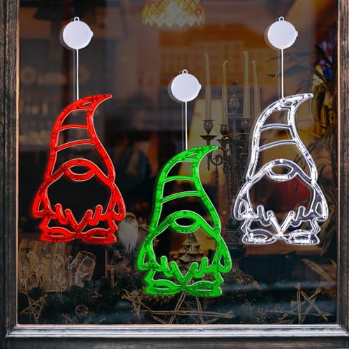 LOLStar 3 Pack Gnomes Christmas Window Lights with Suction Cups - Timer & Fade Mode, Battery Operated