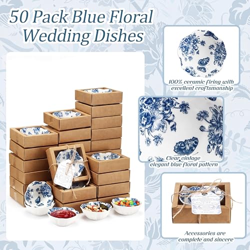 Teenyyou 50 Pack Blue Floral Ceramic Bowls - Wedding Favors & Holiday Gift Set