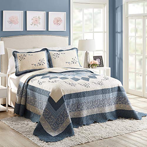 Blue Floral Quilted Bedspread - Lightweight Cotton Queen Bedding