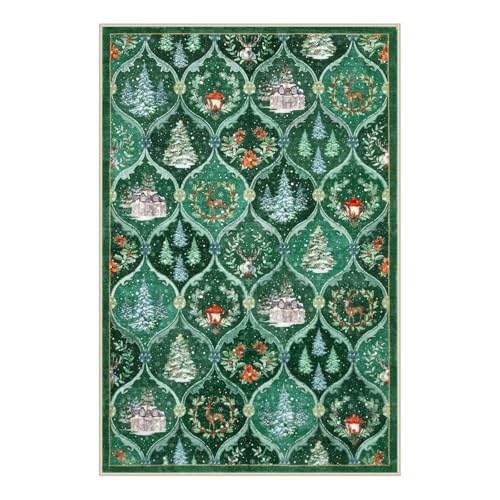 Lahome 2x3 Green Multi Christmas Entryway Rug Non-Slip Faux Wool Vintage Style