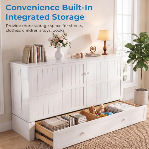 Queen Size Murphy Bed with Tri-Fold Mattress, USB Charging & Storage Drawers