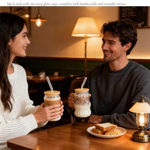 8 oz Ribbed Glass Tumbler Set with Bamboo Lids and Straws - 4 Pack