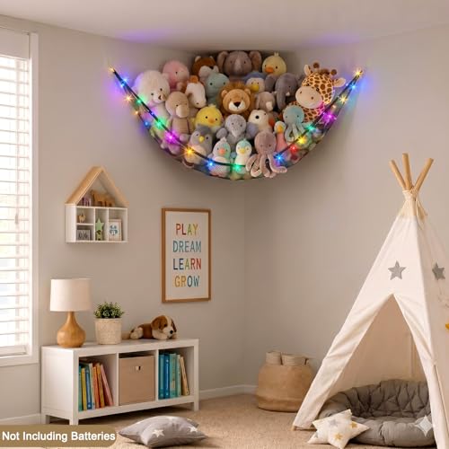 Stuffed Animals Hammock with LED Lights Corner Toy Storage Net