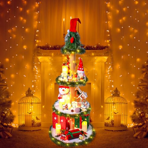 4-Tier Wooden Christmas Tree Display Shelf with Lights & Garland (4 ft)