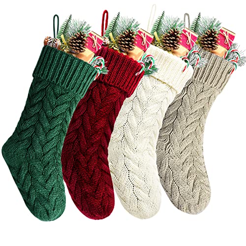 8 Pack 18 Inch Burgundy, Ivory, Green & Khaki Cable Knitted Christmas Stockings