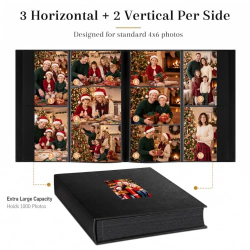 Large Capacity 4x6 Photo Album, 1000 Photos, Leather Cover with Window
