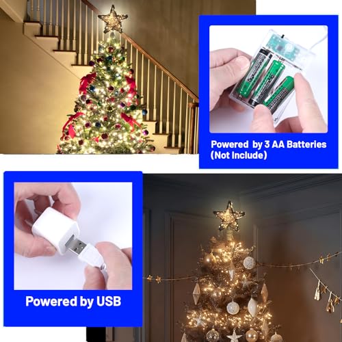 10 Inch Rattan Christmas Tree Topper Star with 50 Warm White LED Lights