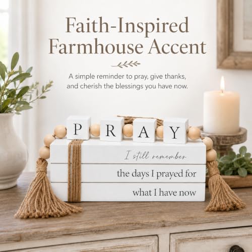 Farmhouse Decorative Faux Book Stack with Pray Garland and Wood Tassels