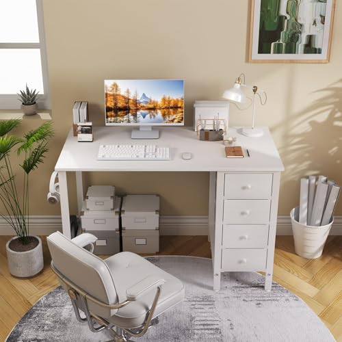 Small White Computer Desk with 4 Fabric Drawers, 40-Inch Writing Table