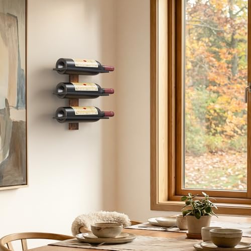 Wall Mounted Wine Rack - 3 Bottle Wood and Metal Display Shelf for Small Spaces