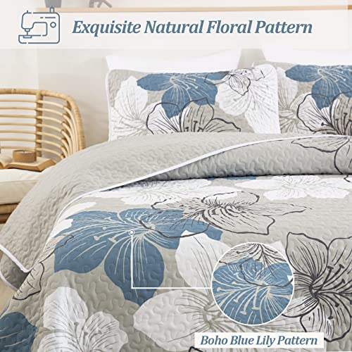 California King Floral Quilt Set - 3-Piece Blue Boho Bedspread