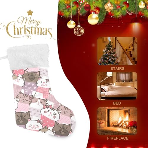 Bolaz Christmas Stockings 18 Inch Burlap with Plush Faux Fur Cuff Cat Kitten Print Pattern 2