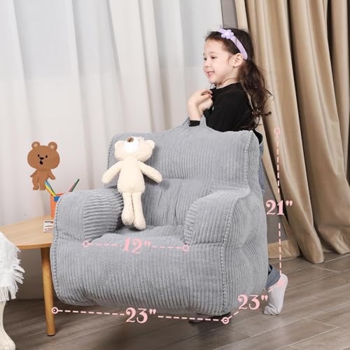Kids Bean Bag Chair with Plush Teddy Bear - Comfortable Toddler Seat, Grey