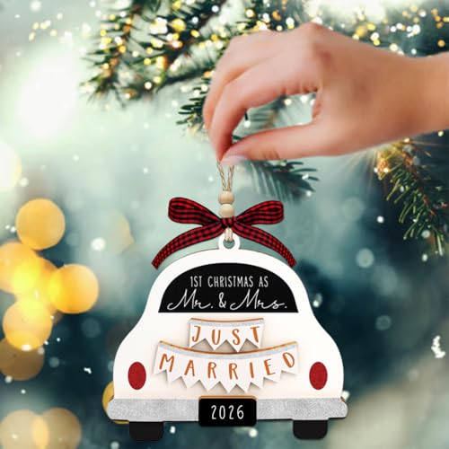 First Christmas Married Ornament 2026, Wood Mr and Mrs Keepsake Wedding Gift