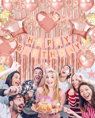 Rose Gold Happy Birthday Decoration Set with Foil Curtains and Balloons
