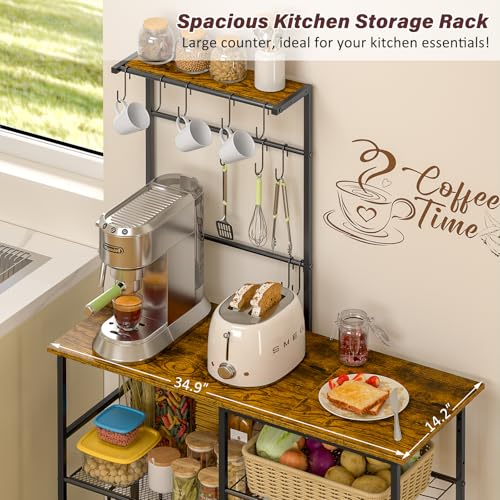 6-Tier Bakers Rack with Power Outlet, Microwave Stand, 10 Hooks - Rustic Brown