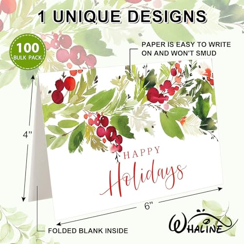 Whaline 100 Pack Christmas Greeting Cards Bulk Holiday Berries & Leaves with Envelopes & Stickers