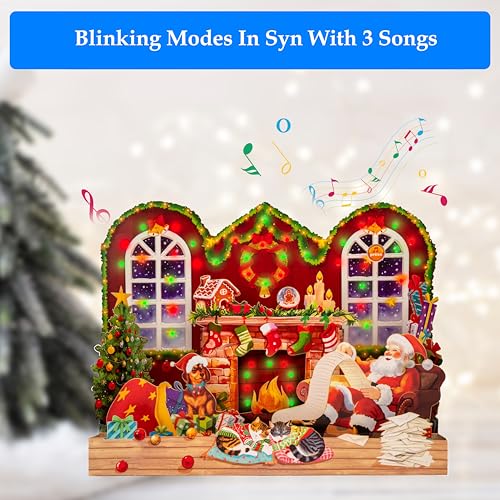 POPWOW Musical Christmas Card with Lights - Fireplace Scene, 3D Pop Up, Santa & Cats, Xmas Greeting Card, Envelope Included, 6.1x7.87 inches