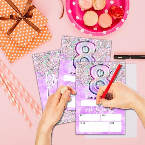 8th Birthday Invitation Cards with Envelopes, 20-Pack Purple Holographic