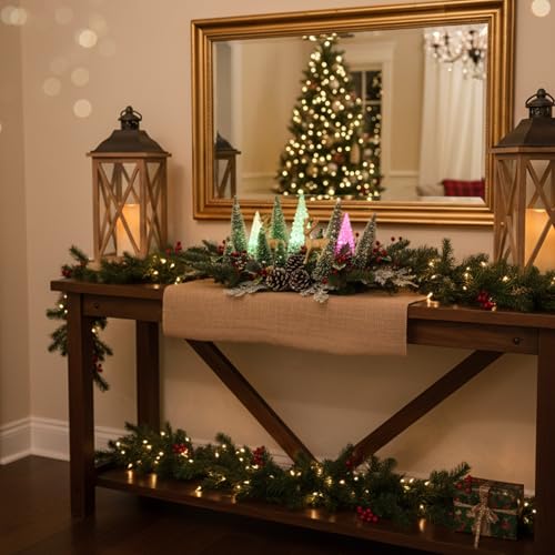 Lighted Christmas Centerpiece with LED Acrylic Trees & Gold Reindeer, Flocked Pine, Timer, Holiday Decor