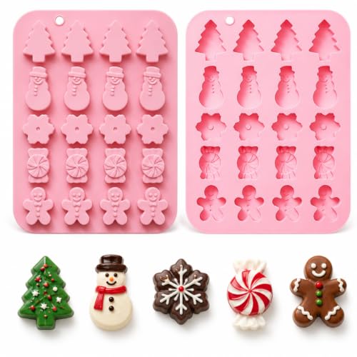 Orapink Christmas Silicone Mold 20-Cavity Pink, 5 Festive Designs – Trees, Snowmen, Candies, Gingerbread Men