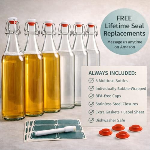 Clear Swing Top Glass Bottles 16oz Set of 6 with Labels