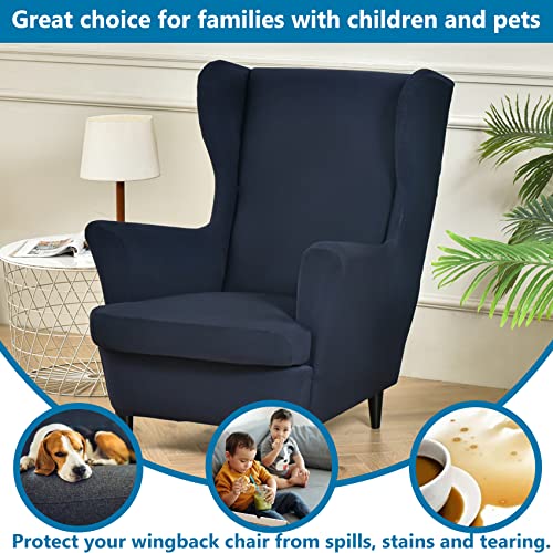 Stretch Spandex Wingback Chair Slipcovers - 2 Piece Set, Navy Blue